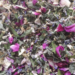 Herbal tea mix of dried mint, lemon balm, rose, elderflower and lavender