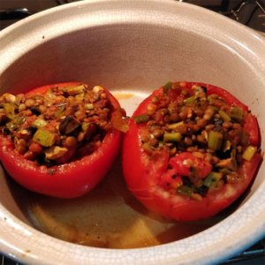 Lentil and Chorizo Stuffed Tomatoes